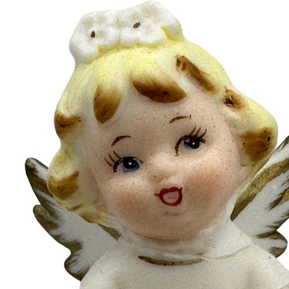 Vintage Lefton Angel with Blue Guitar Mandolin Pink Bow Blond Hair #1592 - Picture 2 of 6